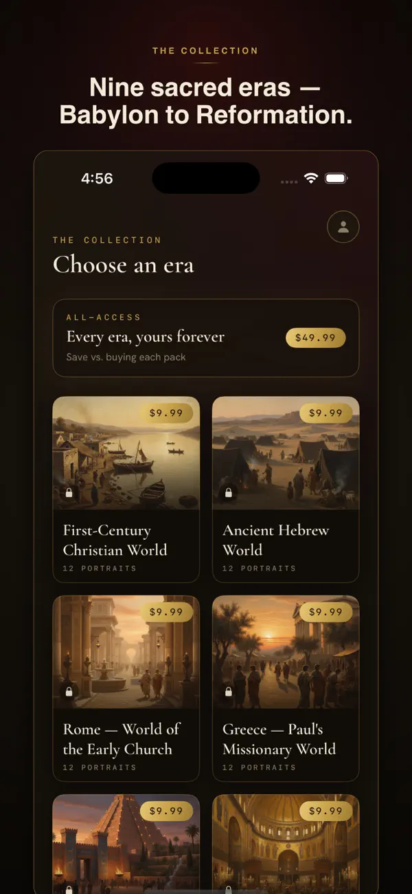 Historical portrait generator HolyShot showing a catalog of era packs