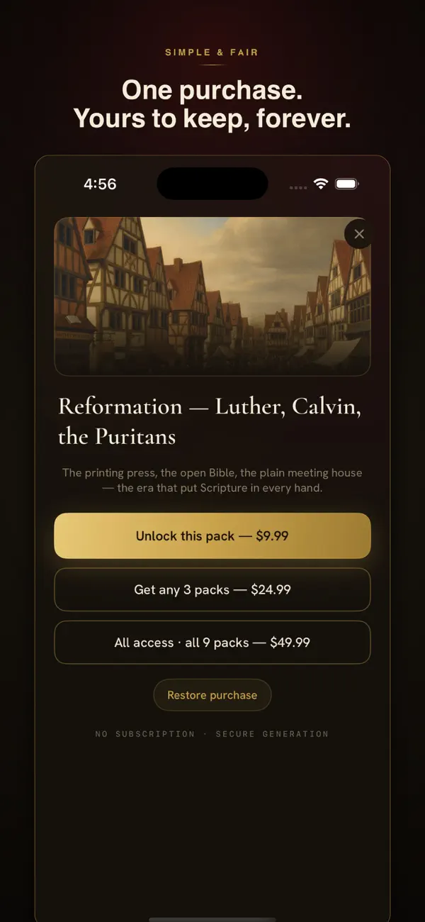 HolyShot pricing showing one-time packs instead of a subscription