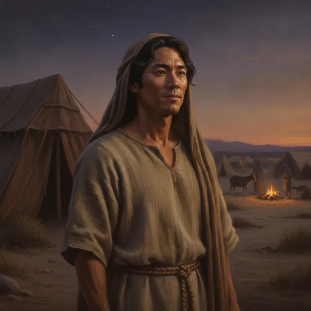 A man outside a tent at dusk in the Ancient Hebrew world